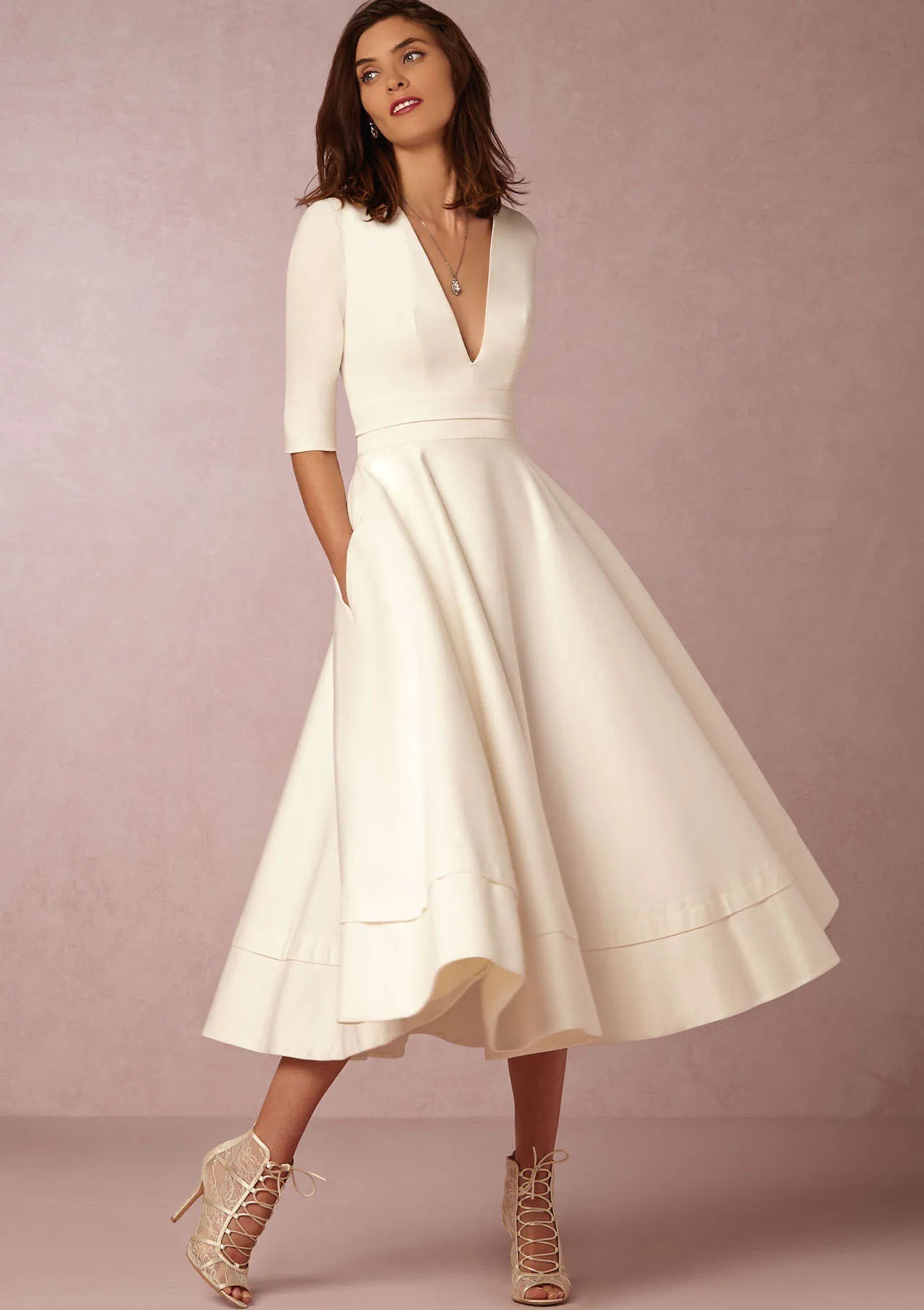 New Women Dress Long Fashion Vacation Party Dresses Short Sleeve V - neck Slit Solid High Quality - PratSN