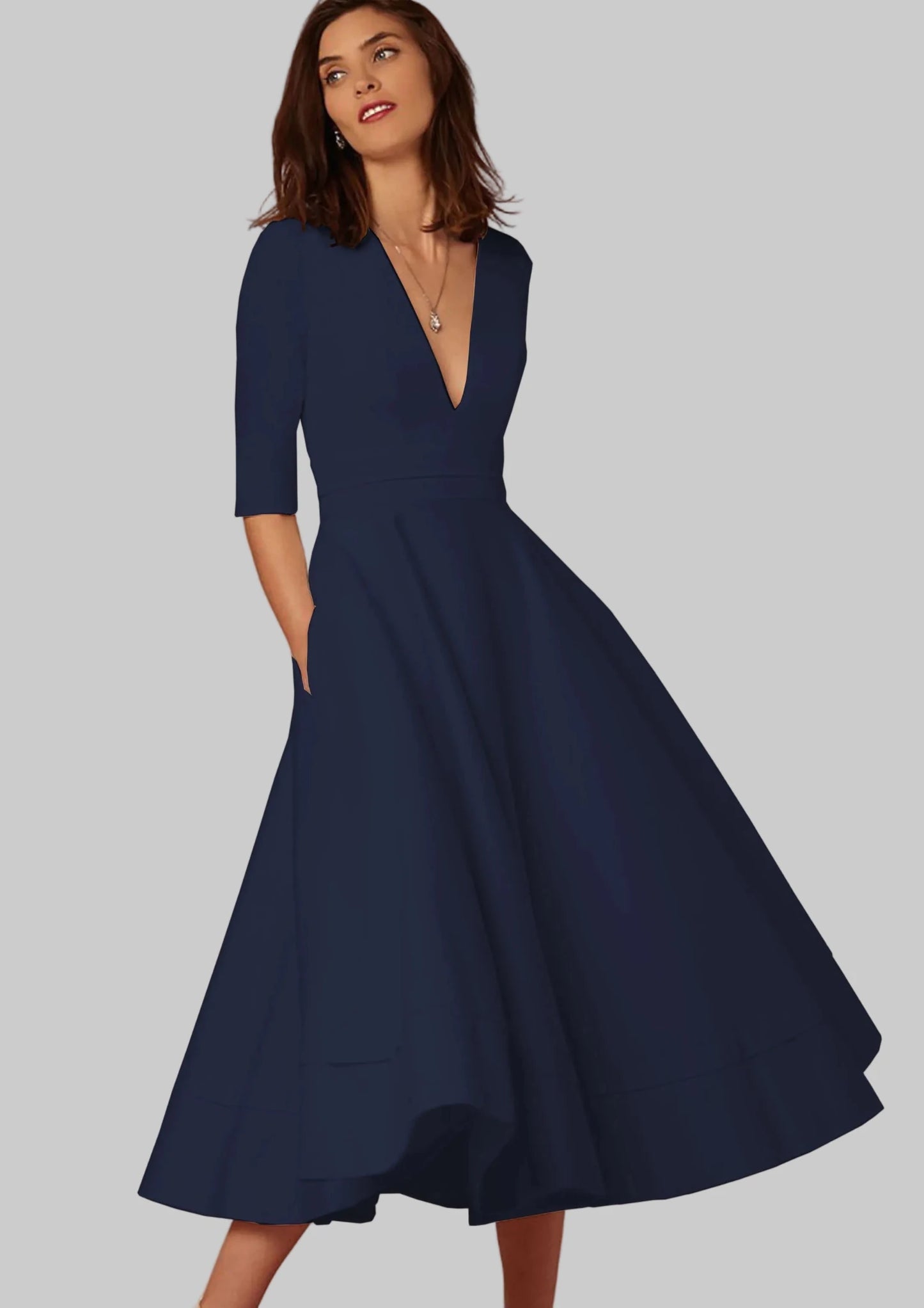 New Women Dress Long Fashion Vacation Party Dresses Short Sleeve V - neck Slit Solid High Quality - PratSN