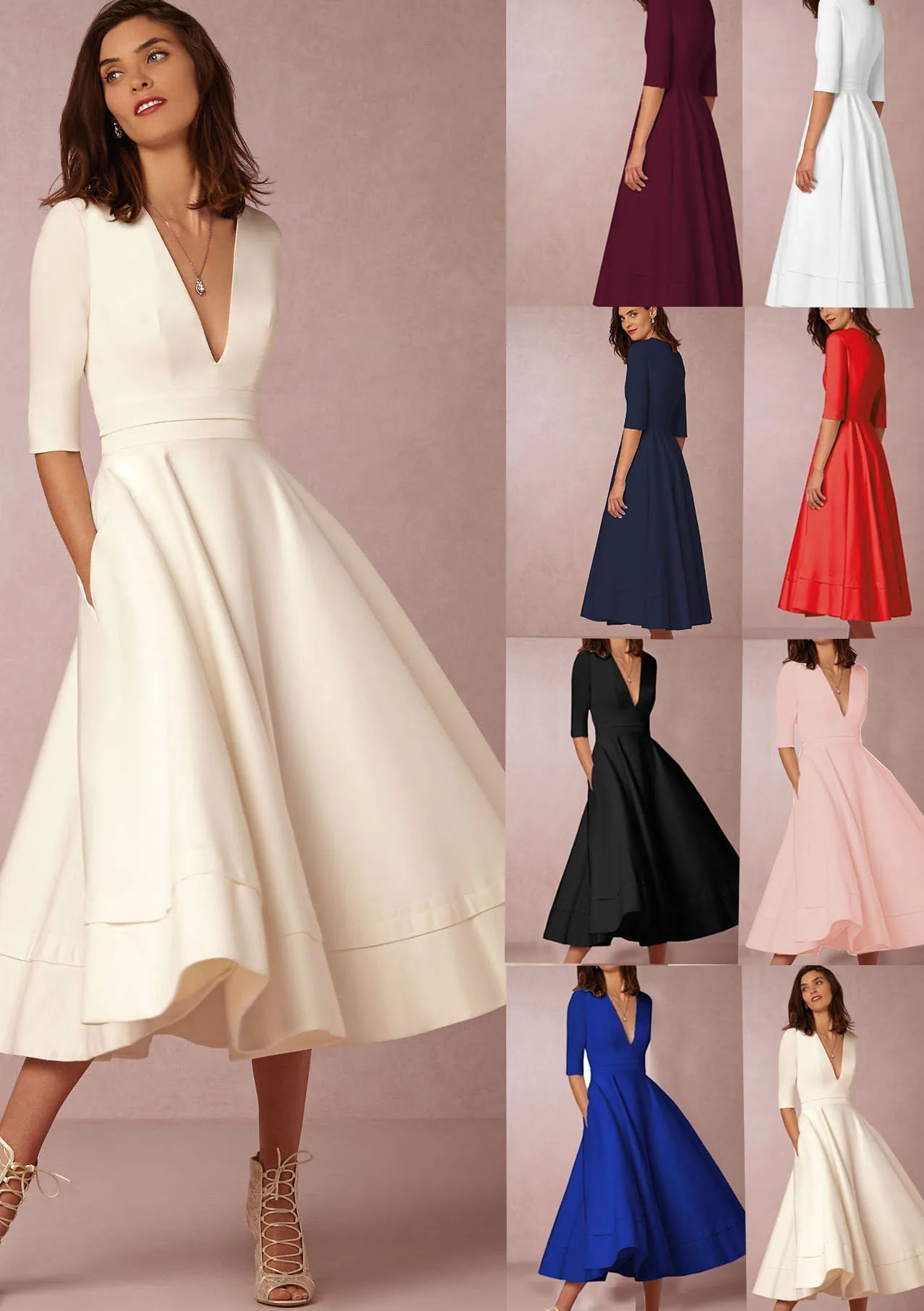 New Women Dress Long Fashion Vacation Party Dresses Short Sleeve V - neck Slit Solid High Quality - PratSN
