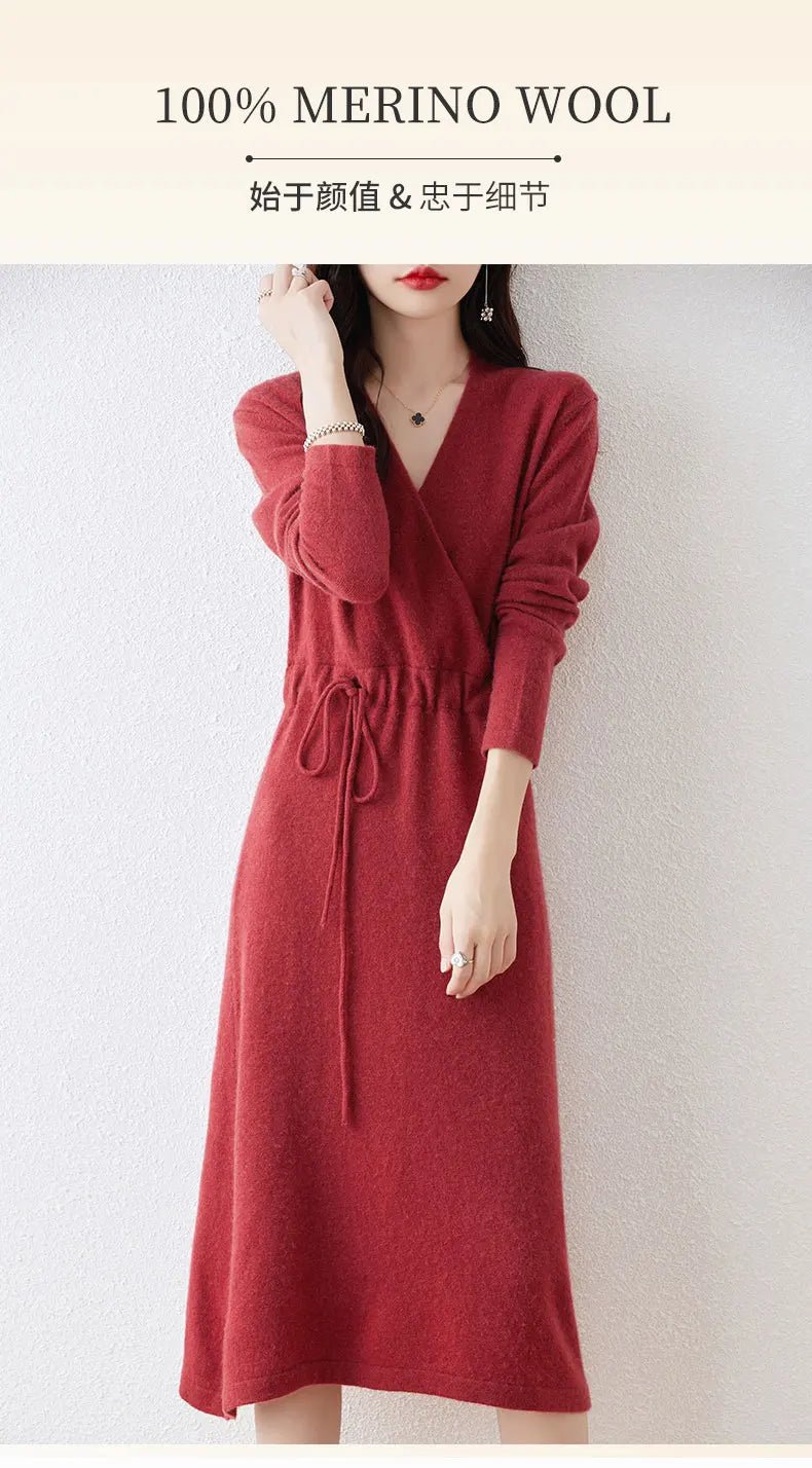 New Women's 100% Merino Wool Dress Autumn Winter Cross V - neck Knit Pullover Dress Long Sweater Cashmere Waist Drawstring Dress - PratSN