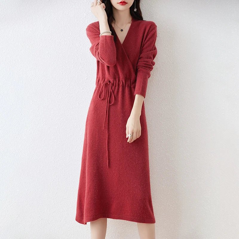 New Women's 100% Merino Wool Dress Autumn Winter Cross V - neck Knit Pullover Dress Long Sweater Cashmere Waist Drawstring Dress - PratSN