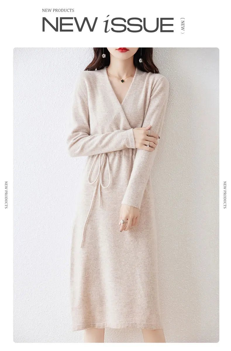 New Women's 100% Merino Wool Dress Autumn Winter Cross V - neck Knit Pullover Dress Long Sweater Cashmere Waist Drawstring Dress - PratSN