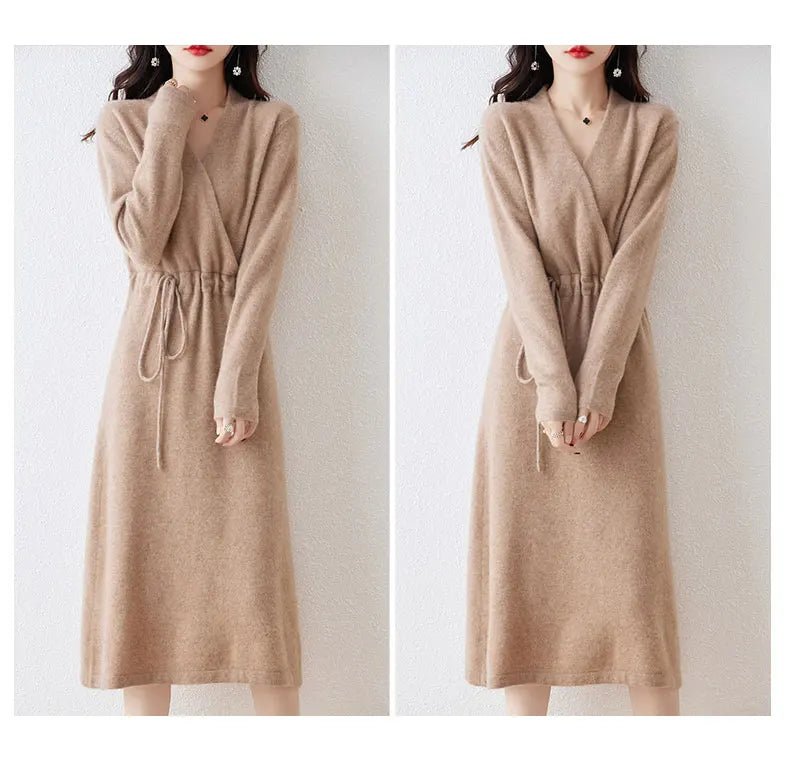 New Women's 100% Merino Wool Dress Autumn Winter Cross V - neck Knit Pullover Dress Long Sweater Cashmere Waist Drawstring Dress - PratSN
