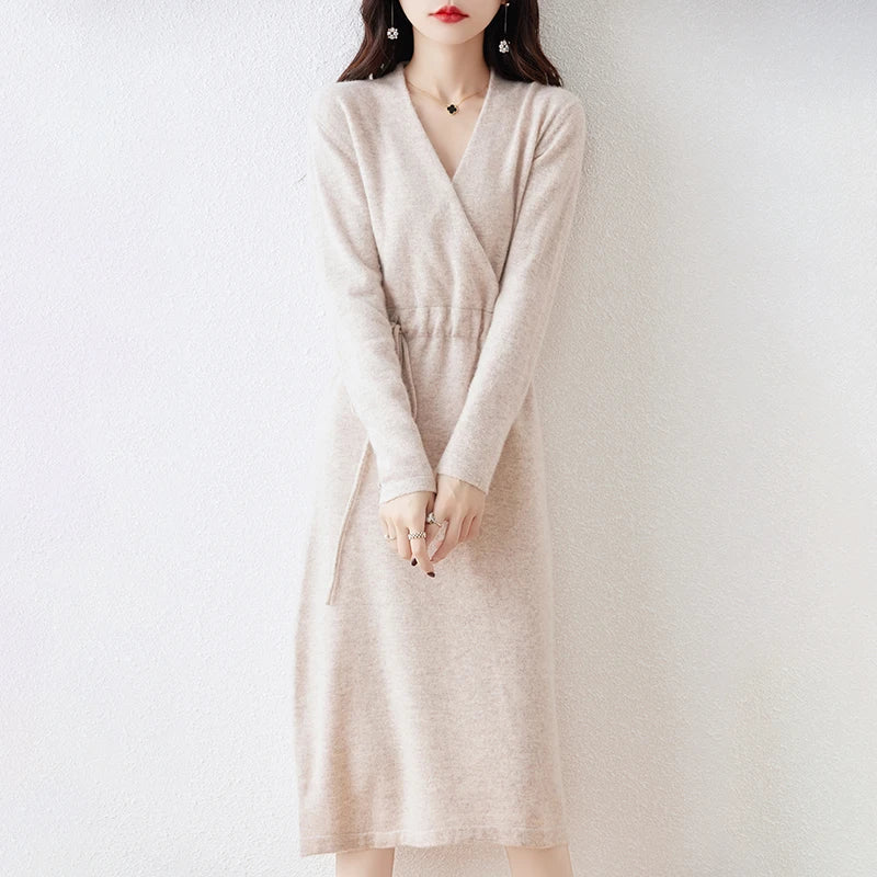 New Women's 100% Merino Wool Dress Autumn Winter Cross V - neck Knit Pullover Dress Long Sweater Cashmere Waist Drawstring Dress - PratSN