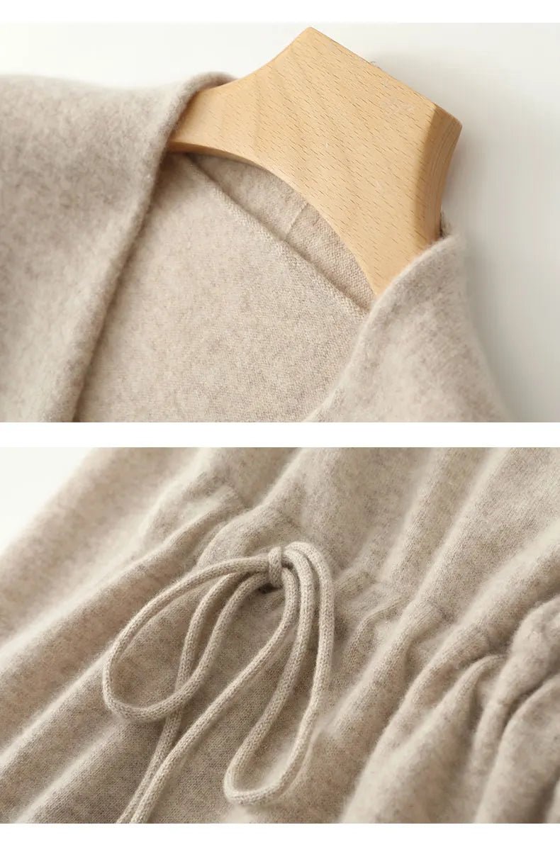 New Women's 100% Merino Wool Dress Autumn Winter Cross V - neck Knit Pullover Dress Long Sweater Cashmere Waist Drawstring Dress - PratSN