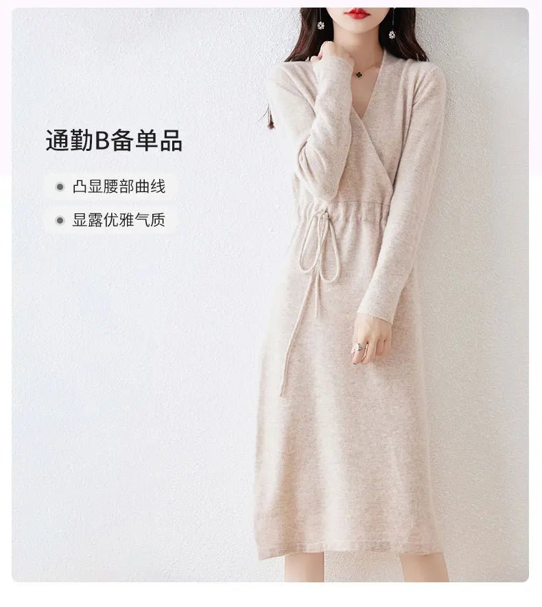 New Women's 100% Merino Wool Dress Autumn Winter Cross V - neck Knit Pullover Dress Long Sweater Cashmere Waist Drawstring Dress - PratSN