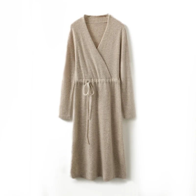 New Women's 100% Merino Wool Dress Autumn Winter Cross V - neck Knit Pullover Dress Long Sweater Cashmere Waist Drawstring Dress - PratSN