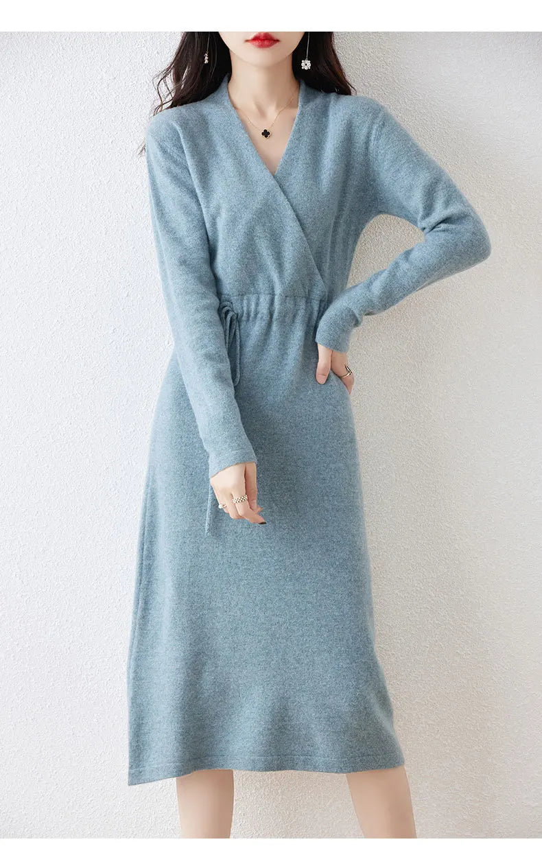 New Women's 100% Merino Wool Dress Autumn Winter Cross V - neck Knit Pullover Dress Long Sweater Cashmere Waist Drawstring Dress - PratSN
