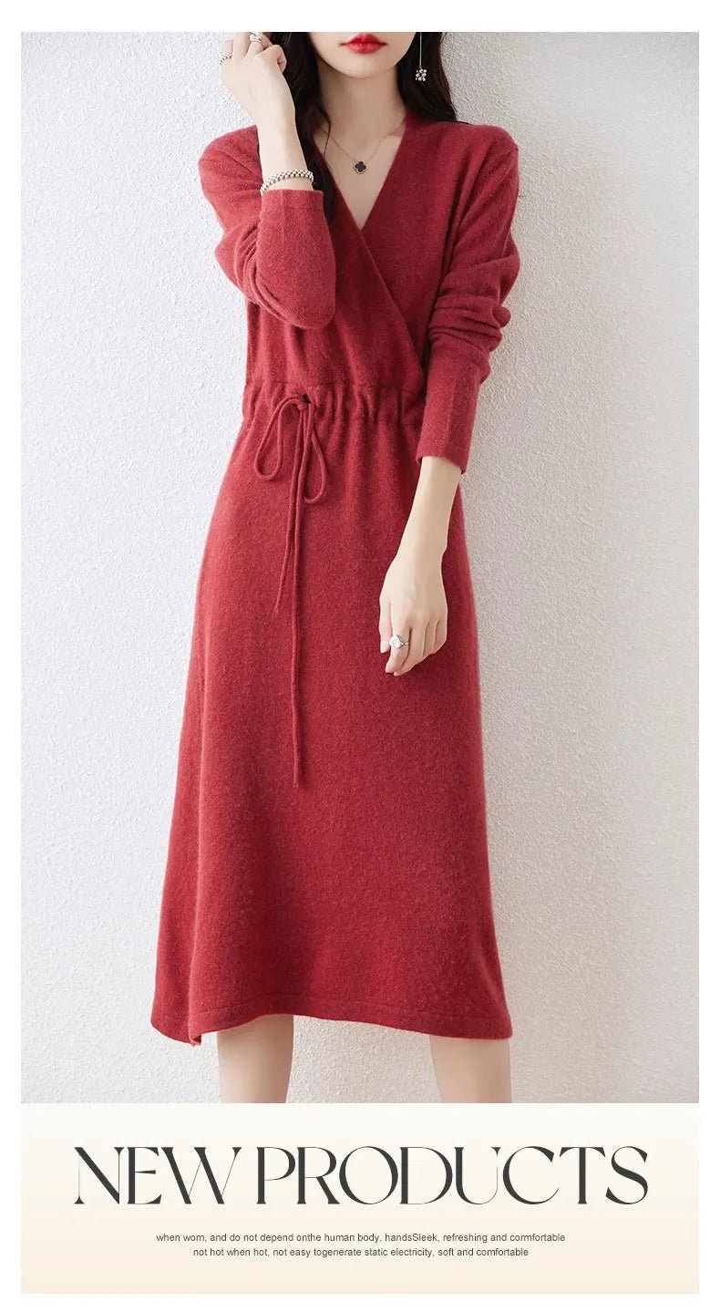 New Women's 100% Merino Wool Dress Autumn Winter Cross V - neck Knit Pullover Dress Long Sweater Cashmere Waist Drawstring Dress - PratSN