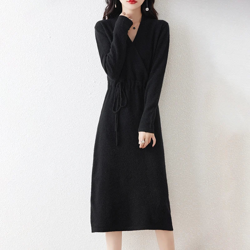 New Women's 100% Merino Wool Dress Autumn Winter Cross V - neck Knit Pullover Dress Long Sweater Cashmere Waist Drawstring Dress - PratSN