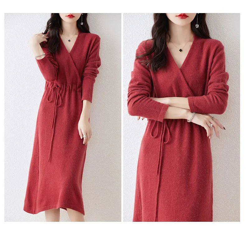 New Women's 100% Merino Wool Dress Autumn Winter Cross V - neck Knit Pullover Dress Long Sweater Cashmere Waist Drawstring Dress - PratSN