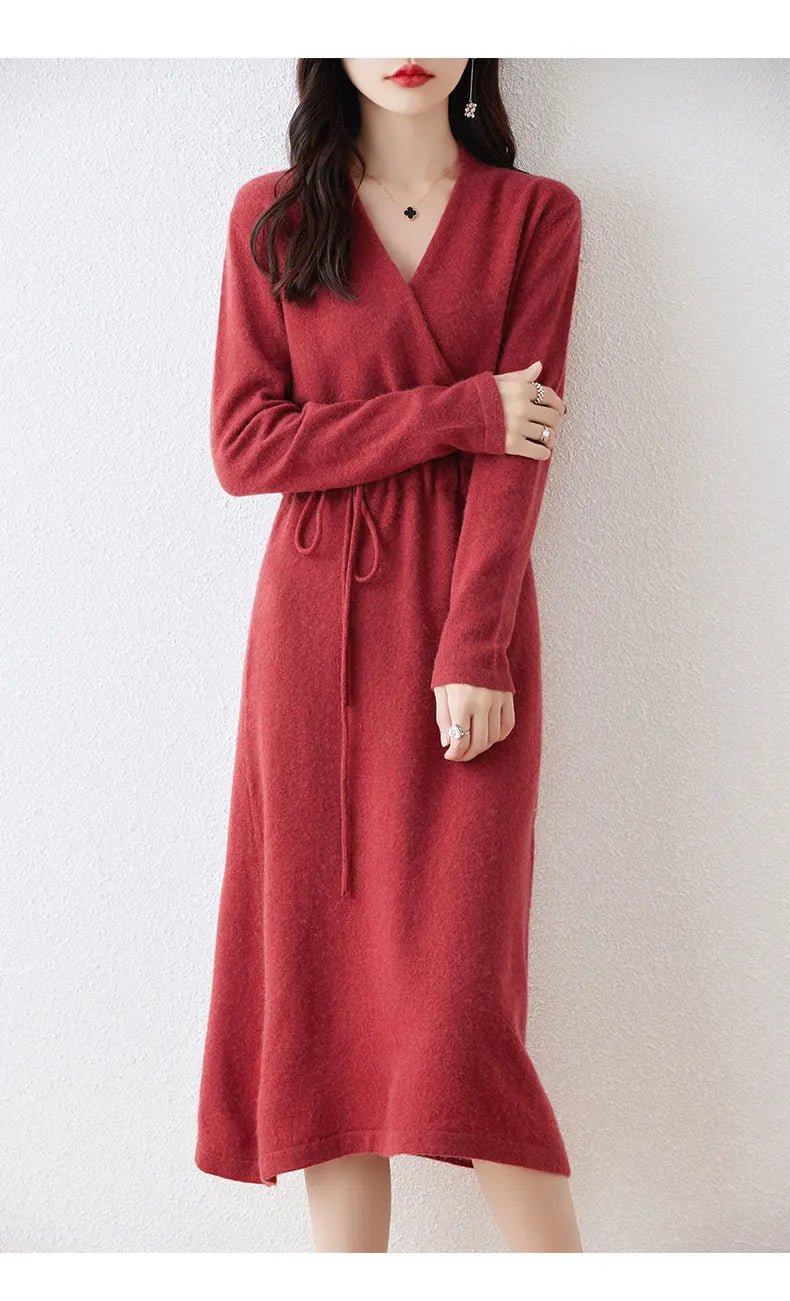 New Women's 100% Merino Wool Dress Autumn Winter Cross V - neck Knit Pullover Dress Long Sweater Cashmere Waist Drawstring Dress - PratSN
