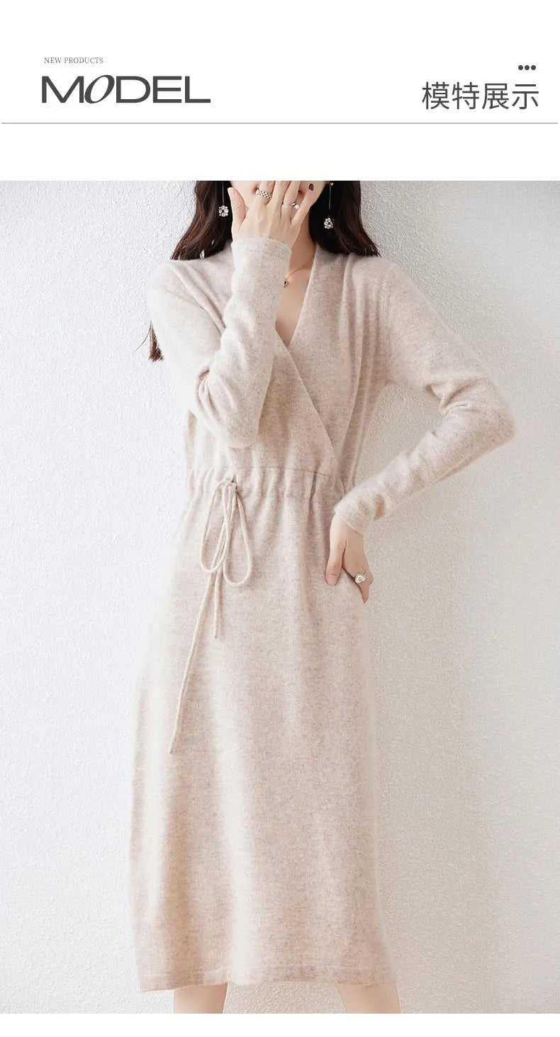 New Women's 100% Merino Wool Dress Autumn Winter Cross V - neck Knit Pullover Dress Long Sweater Cashmere Waist Drawstring Dress - PratSN