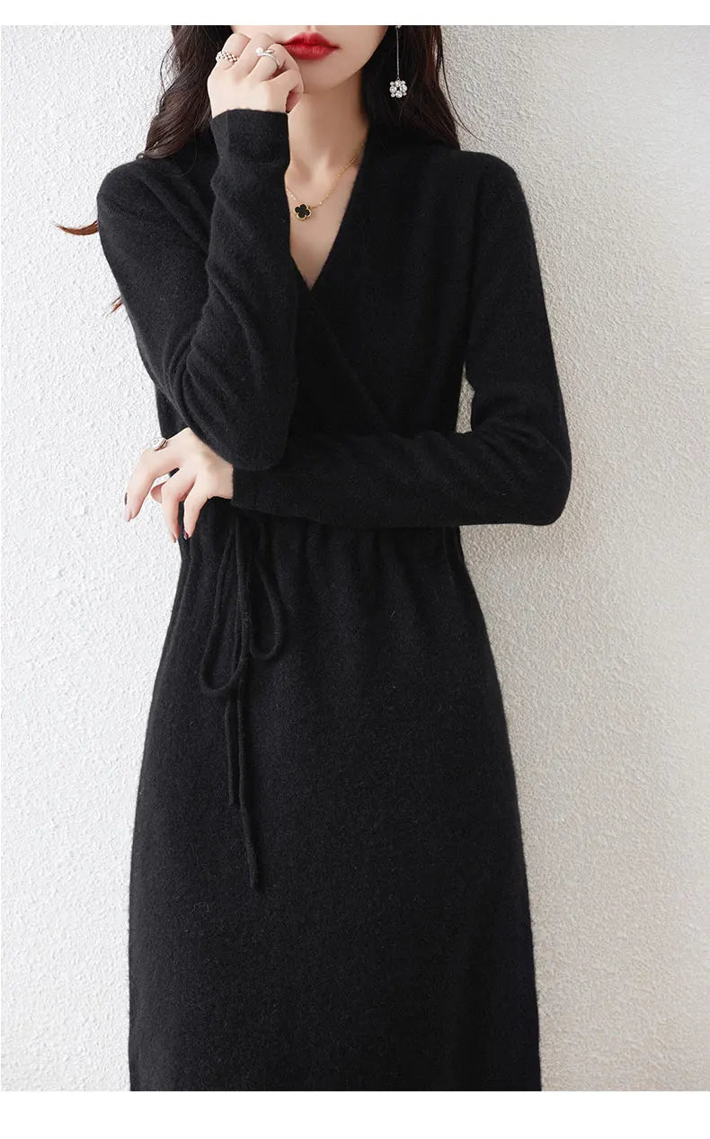 New Women's 100% Merino Wool Dress Autumn Winter Cross V - neck Knit Pullover Dress Long Sweater Cashmere Waist Drawstring Dress - PratSN