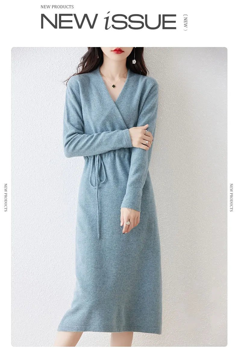 New Women's 100% Merino Wool Dress Autumn Winter Cross V - neck Knit Pullover Dress Long Sweater Cashmere Waist Drawstring Dress - PratSN