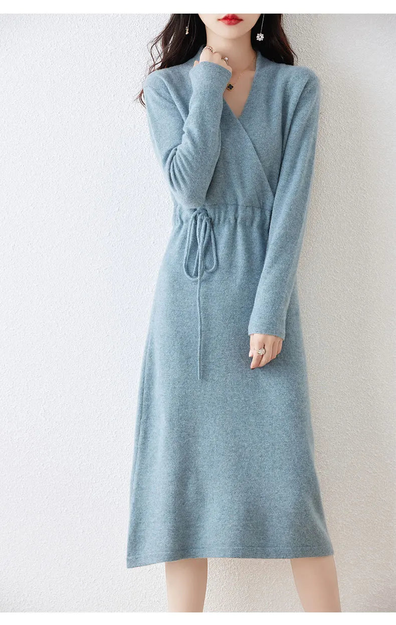 New Women's 100% Merino Wool Dress Autumn Winter Cross V - neck Knit Pullover Dress Long Sweater Cashmere Waist Drawstring Dress - PratSN