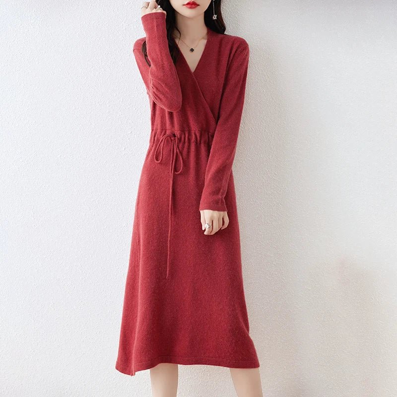 New Women's 100% Merino Wool Dress Autumn Winter Cross V - neck Knit Pullover Dress Long Sweater Cashmere Waist Drawstring Dress - PratSN