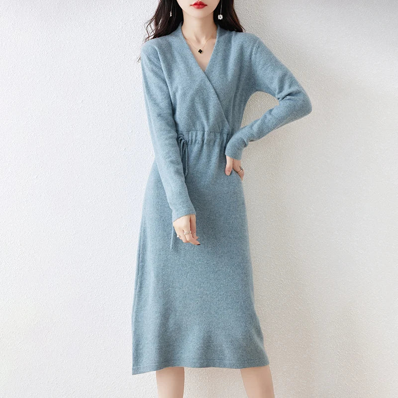 New Women's 100% Merino Wool Dress Autumn Winter Cross V - neck Knit Pullover Dress Long Sweater Cashmere Waist Drawstring Dress - PratSN