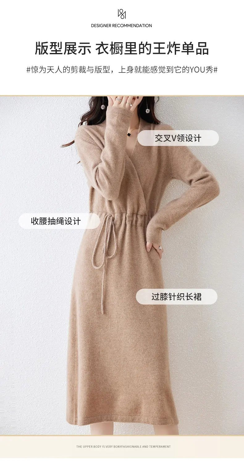 New Women's 100% Merino Wool Dress Autumn Winter Cross V - neck Knit Pullover Dress Long Sweater Cashmere Waist Drawstring Dress - PratSN
