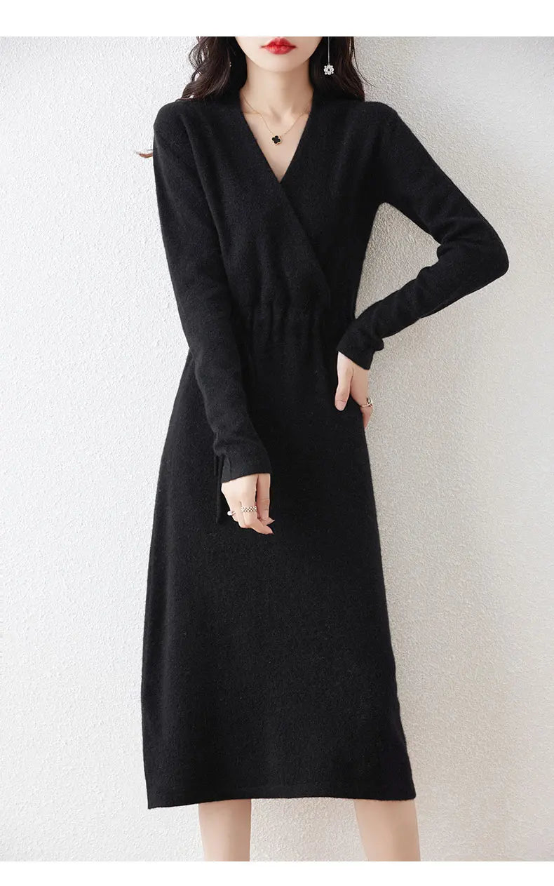 New Women's 100% Merino Wool Dress Autumn Winter Cross V - neck Knit Pullover Dress Long Sweater Cashmere Waist Drawstring Dress - PratSN