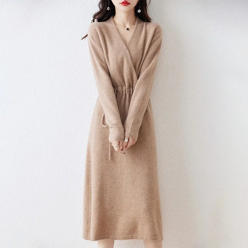New Women's 100% Merino Wool Dress Autumn Winter Cross V - neck Knit Pullover Dress Long Sweater Cashmere Waist Drawstring Dress - PratSN