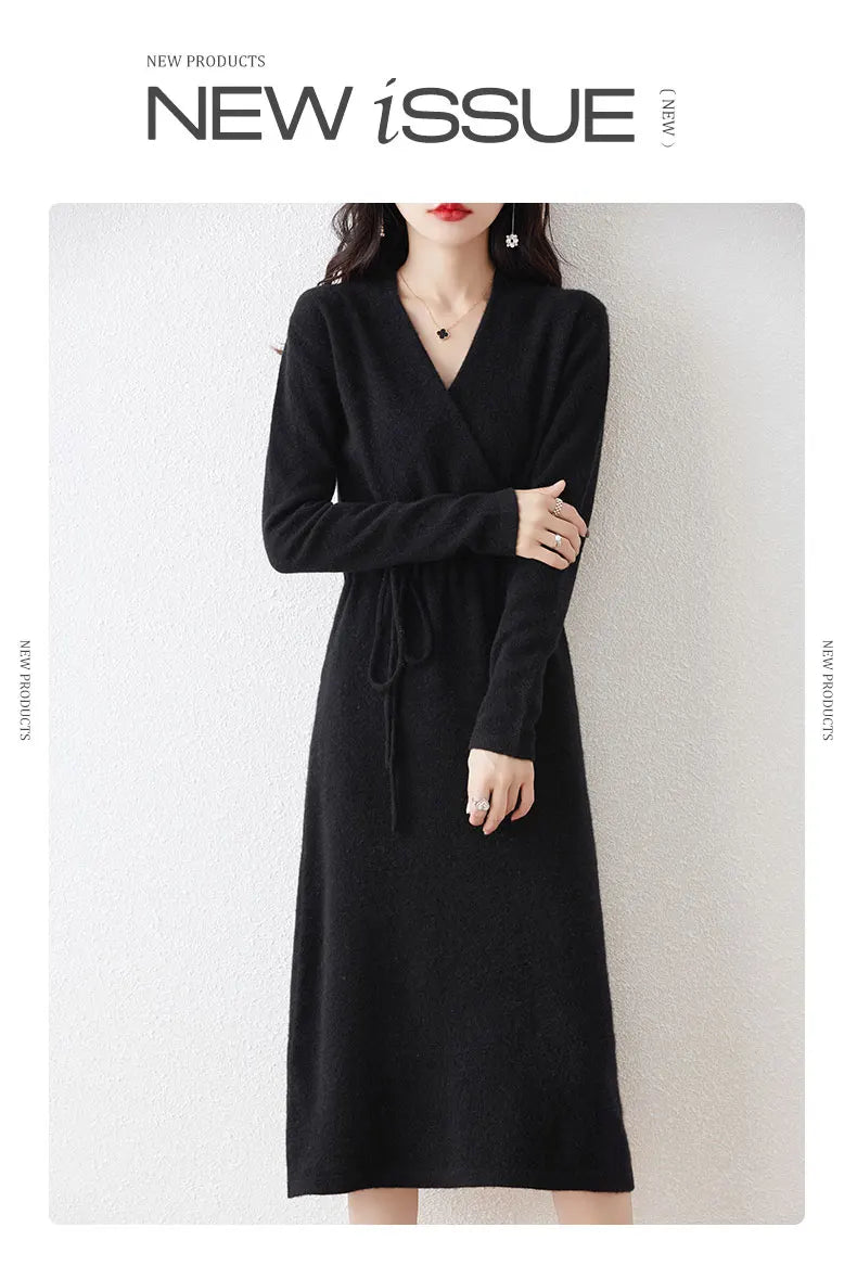 New Women's 100% Merino Wool Dress Autumn Winter Cross V - neck Knit Pullover Dress Long Sweater Cashmere Waist Drawstring Dress - PratSN