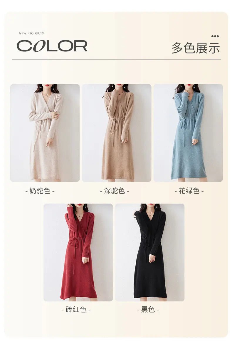 New Women's 100% Merino Wool Dress Autumn Winter Cross V - neck Knit Pullover Dress Long Sweater Cashmere Waist Drawstring Dress - PratSN