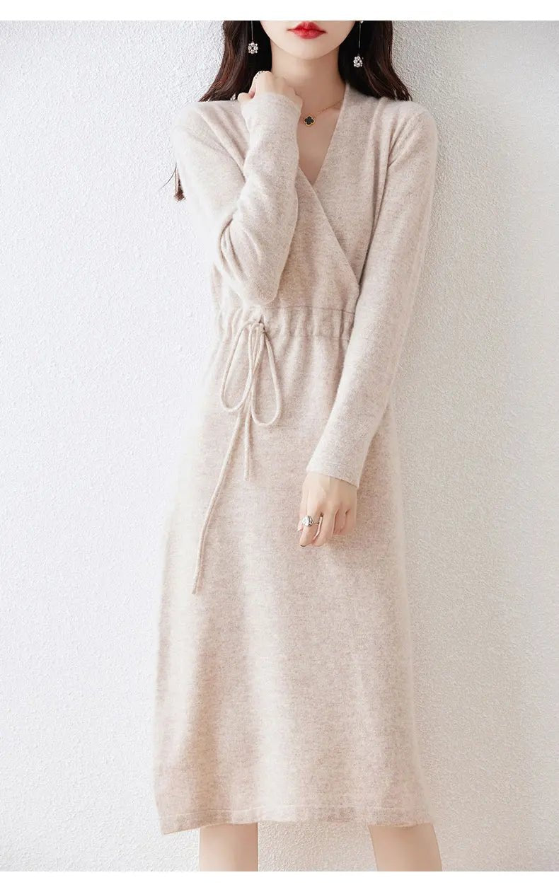 New Women's 100% Merino Wool Dress Autumn Winter Cross V - neck Knit Pullover Dress Long Sweater Cashmere Waist Drawstring Dress - PratSN