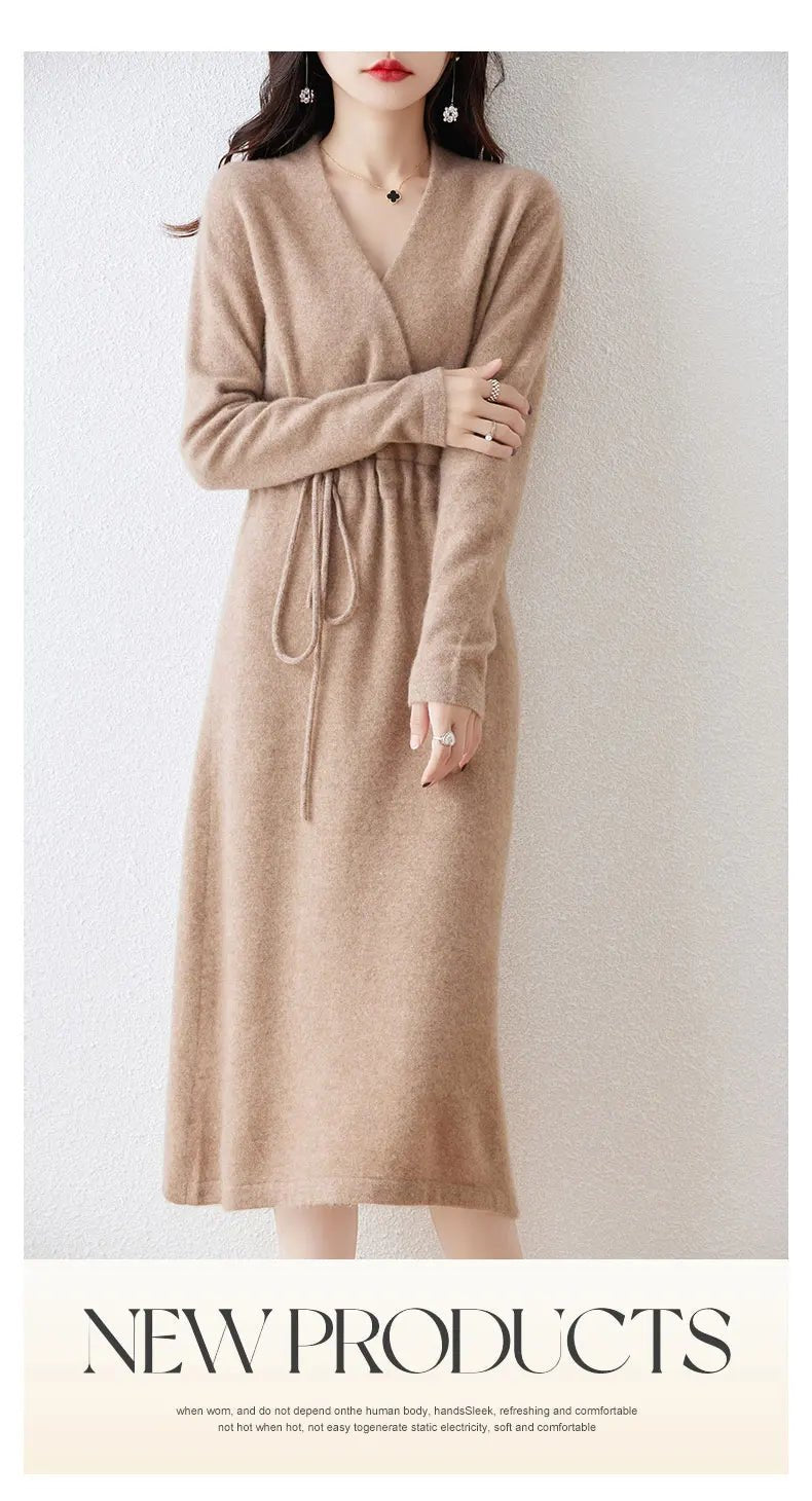 New Women's 100% Merino Wool Dress Autumn Winter Cross V - neck Knit Pullover Dress Long Sweater Cashmere Waist Drawstring Dress - PratSN