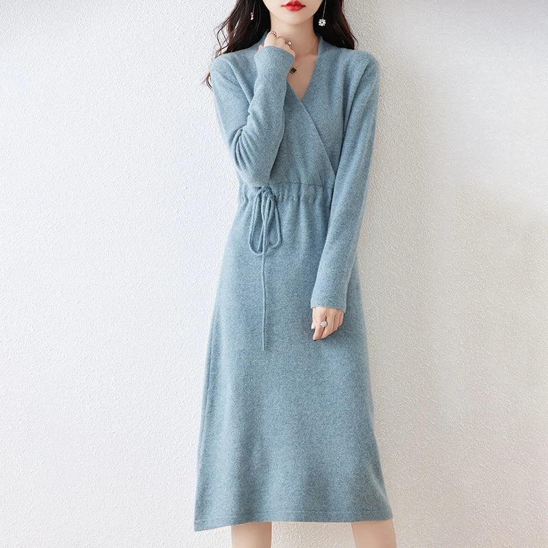 New Women's 100% Merino Wool Dress Autumn Winter Cross V - neck Knit Pullover Dress Long Sweater Cashmere Waist Drawstring Dress - PratSN
