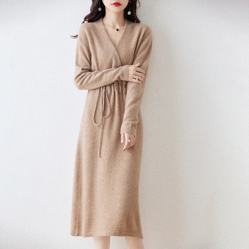 New Women's 100% Merino Wool Dress Autumn Winter Cross V - neck Knit Pullover Dress Long Sweater Cashmere Waist Drawstring Dress - PratSN
