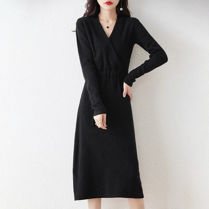 New Women's 100% Merino Wool Dress Autumn Winter Cross V - neck Knit Pullover Dress Long Sweater Cashmere Waist Drawstring Dress - PratSN