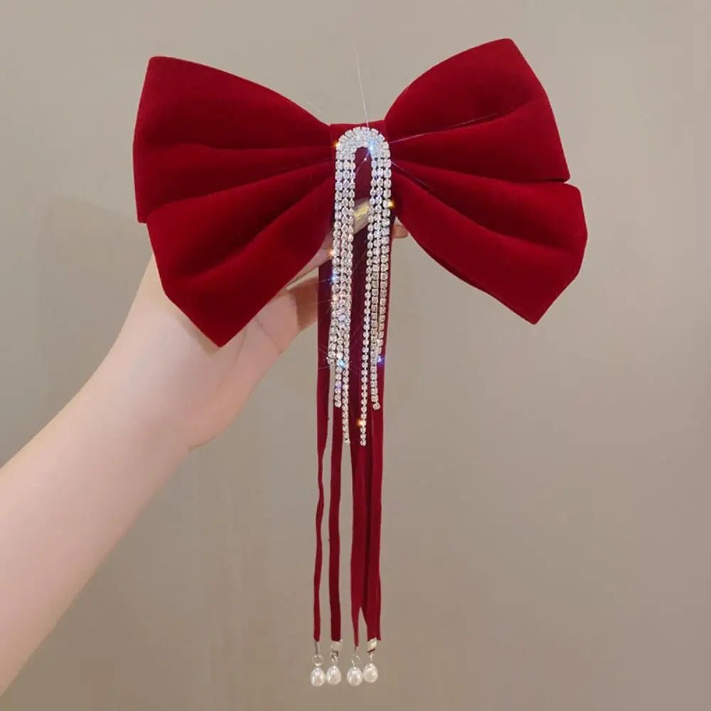New Year Red Velvet Bow Hair Clip Spring Clip Korean Extra Large Tassels Bowknot Hairpins Women's Elegant Headwear Headdress - PratSN
