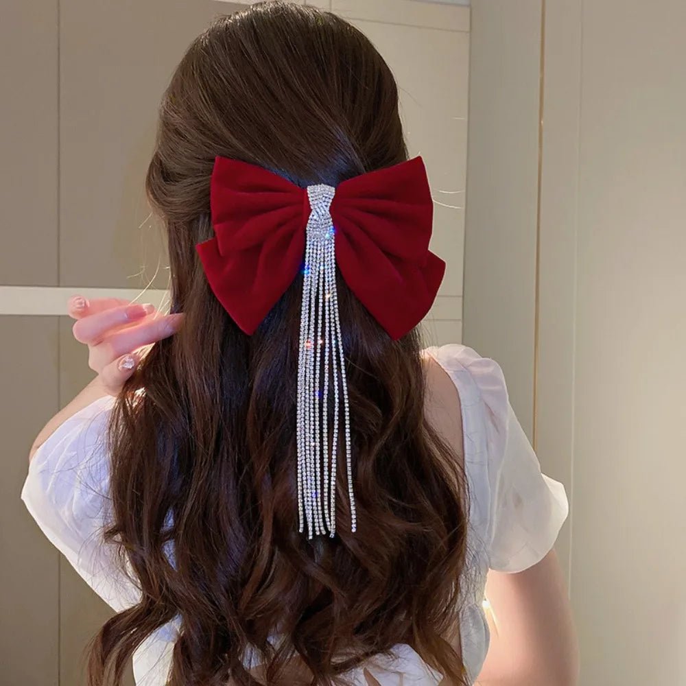 New Year Red Velvet Bow Hair Clip Spring Clip Korean Extra Large Tassels Bowknot Hairpins Women's Elegant Headwear Headdress - PratSN