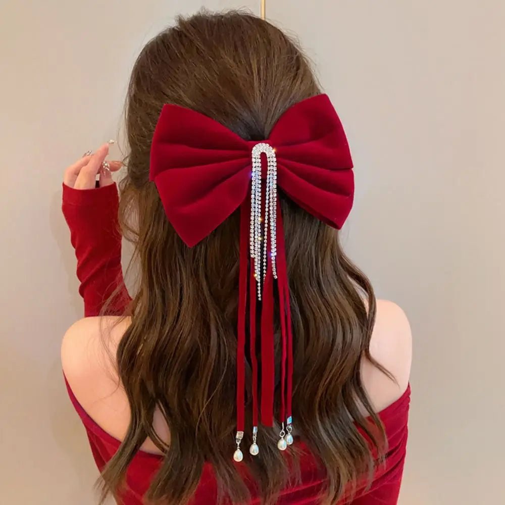 New Year Red Velvet Bow Hair Clip Spring Clip Korean Extra Large Tassels Bowknot Hairpins Women's Elegant Headwear Headdress - PratSN