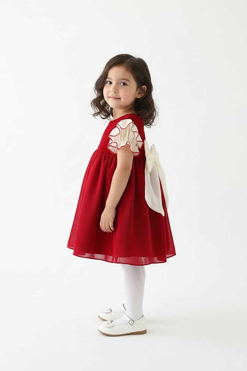 New Year's Dress Girl's Solid Red Flying Sleeves Bow Twilight Cloud Princess Dress Suitable for 0 - 3 Year Old Babies - PratSN