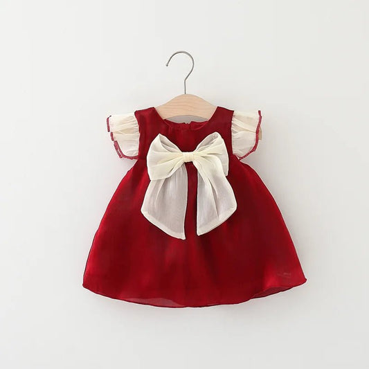 New Year's Dress Girl's Solid Red Flying Sleeves Bow Twilight Cloud Princess Dress Suitable for 0 - 3 Year Old Babies - PratSN