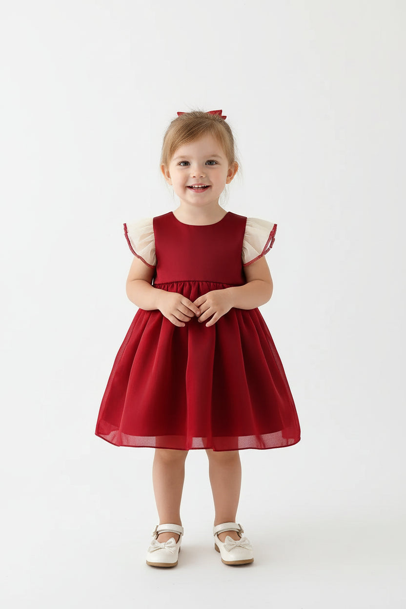 New Year's Dress Girl's Solid Red Flying Sleeves Bow Twilight Cloud Princess Dress Suitable for 0-3 Year Old Babies