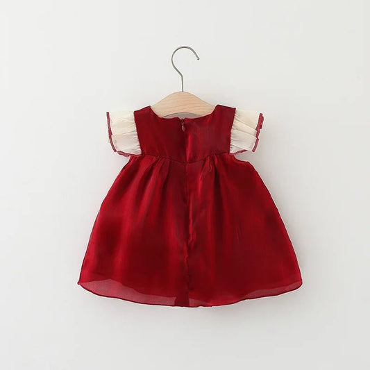 New Year's Dress Girl's Solid Red Flying Sleeves Bow Twilight Cloud Princess Dress Suitable for 0 - 3 Year Old Babies - PratSN