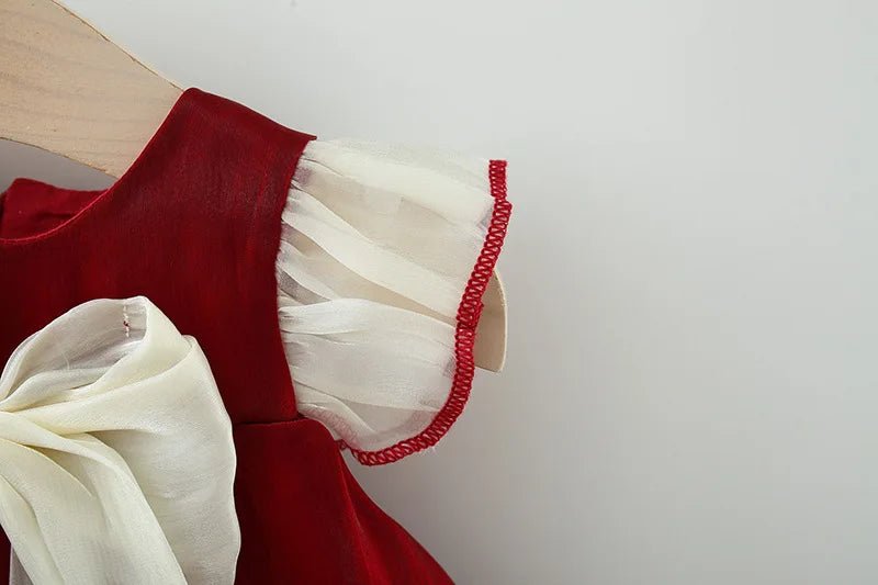 New Year's Dress Girl's Solid Red Flying Sleeves Bow Twilight Cloud Princess Dress Suitable for 0 - 3 Year Old Babies - PratSN