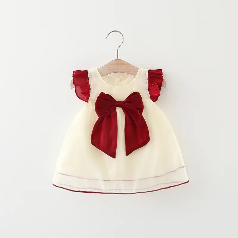 New Year's Dress Girl's Solid Red Flying Sleeves Bow Twilight Cloud Princess Dress Suitable for 0 - 3 Year Old Babies - PratSN