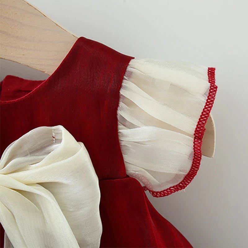 New Year's Dress Girl's Solid Red Flying Sleeves Bow Twilight Cloud Princess Dress Suitable for 0 - 3 Year Old Babies - PratSN