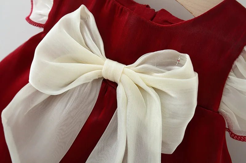 New Year's Dress Girl's Solid Red Flying Sleeves Bow Twilight Cloud Princess Dress Suitable for 0 - 3 Year Old Babies - PratSN