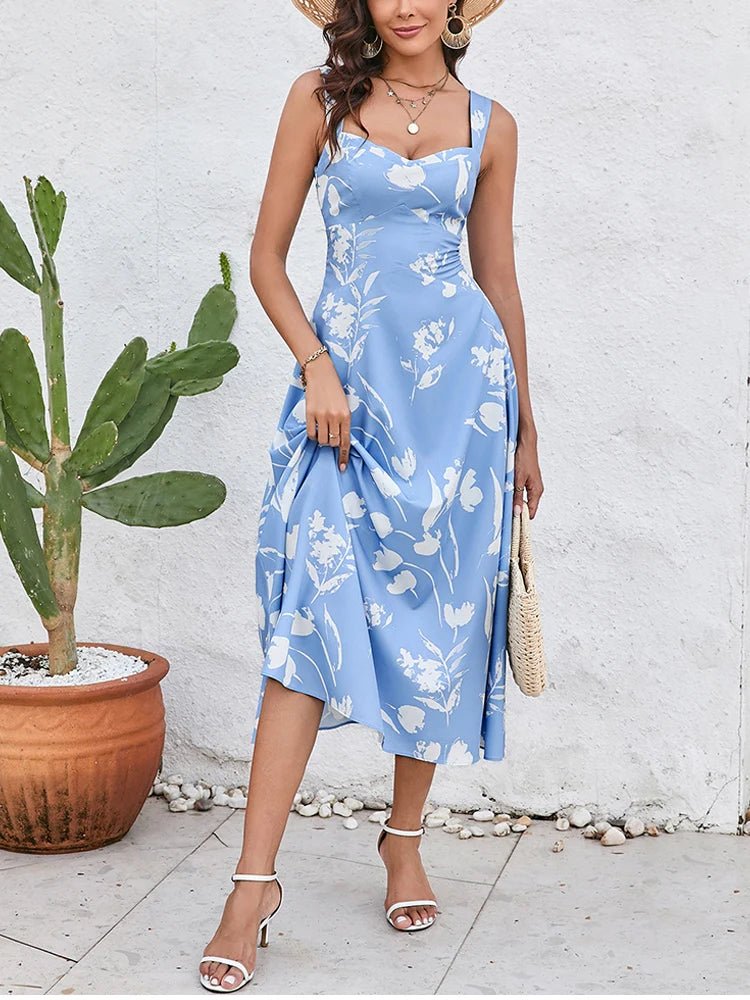 NewAsia Women's Print Sleeveless V - neck Midi Dress Backless Double Layer Summer Casual Holiday Party Long Dresses Blue - PratSN
