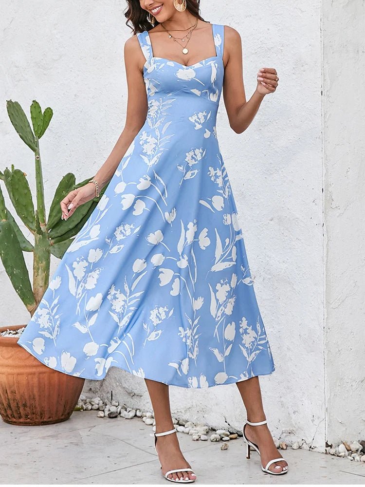 NewAsia Women's Print Sleeveless V - neck Midi Dress Backless Double Layer Summer Casual Holiday Party Long Dresses Blue - PratSN