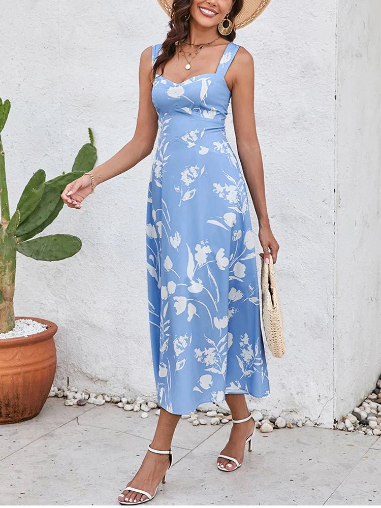 NewAsia Women's Print Sleeveless V - neck Midi Dress Backless Double Layer Summer Casual Holiday Party Long Dresses Blue - PratSN
