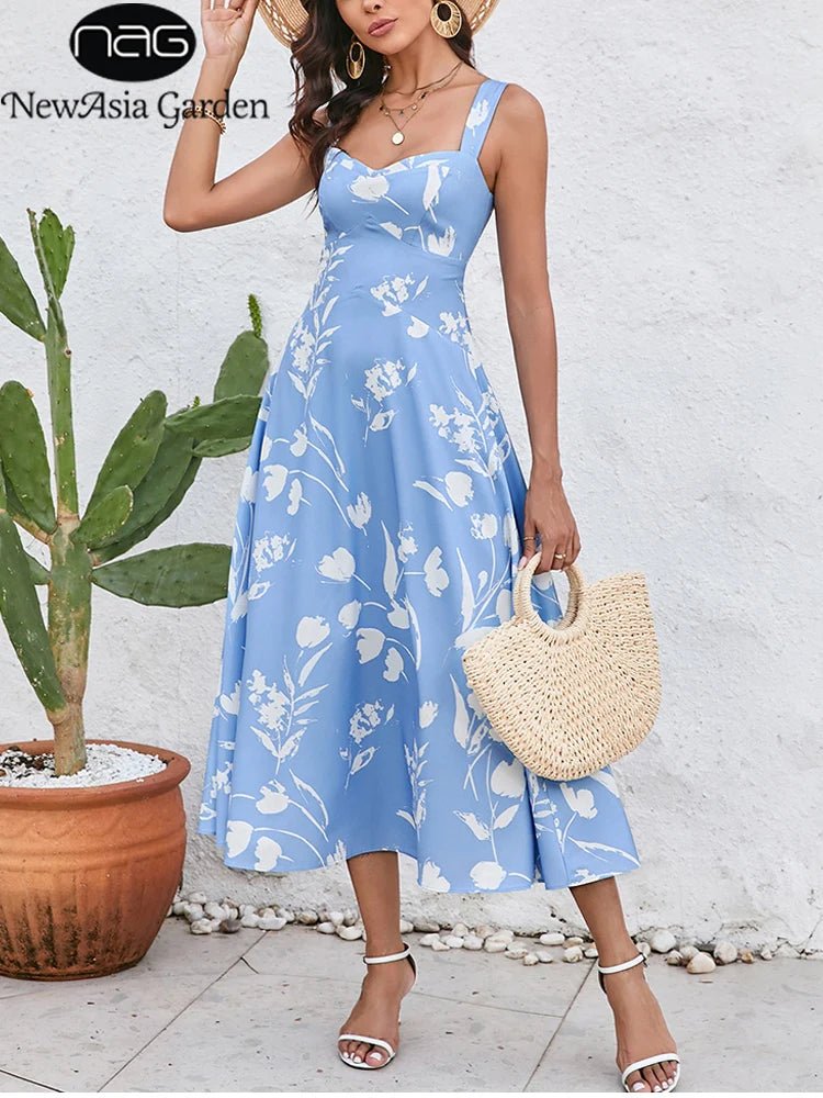 NewAsia Women's Print Sleeveless V - neck Midi Dress Backless Double Layer Summer Casual Holiday Party Long Dresses Blue - PratSN