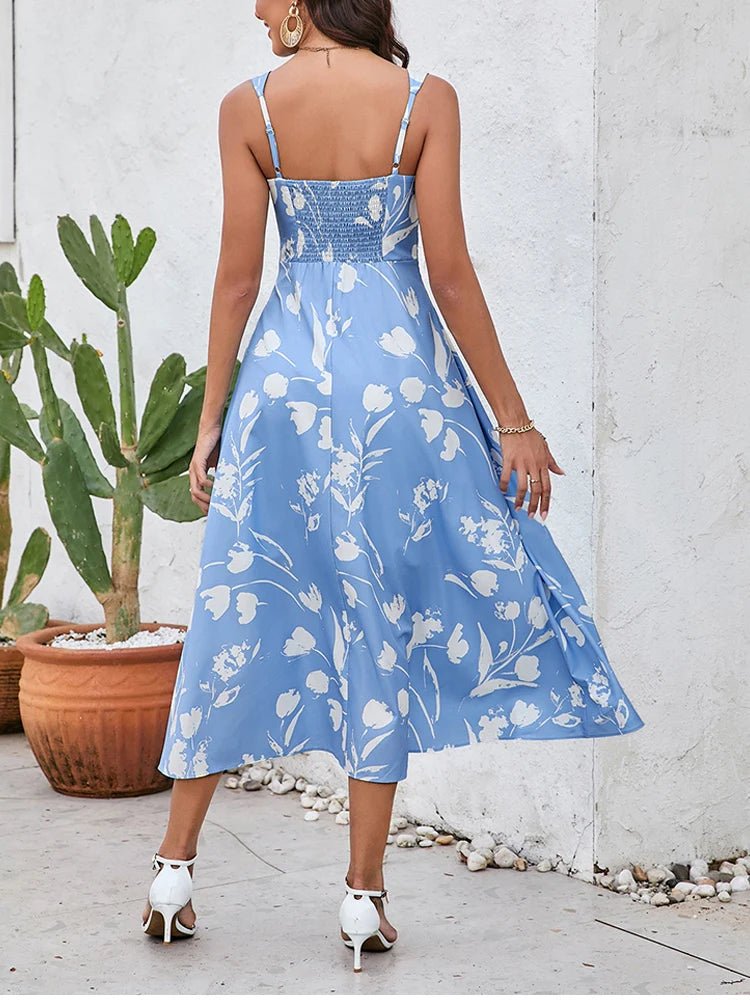 NewAsia Women's Print Sleeveless V - neck Midi Dress Backless Double Layer Summer Casual Holiday Party Long Dresses Blue - PratSN