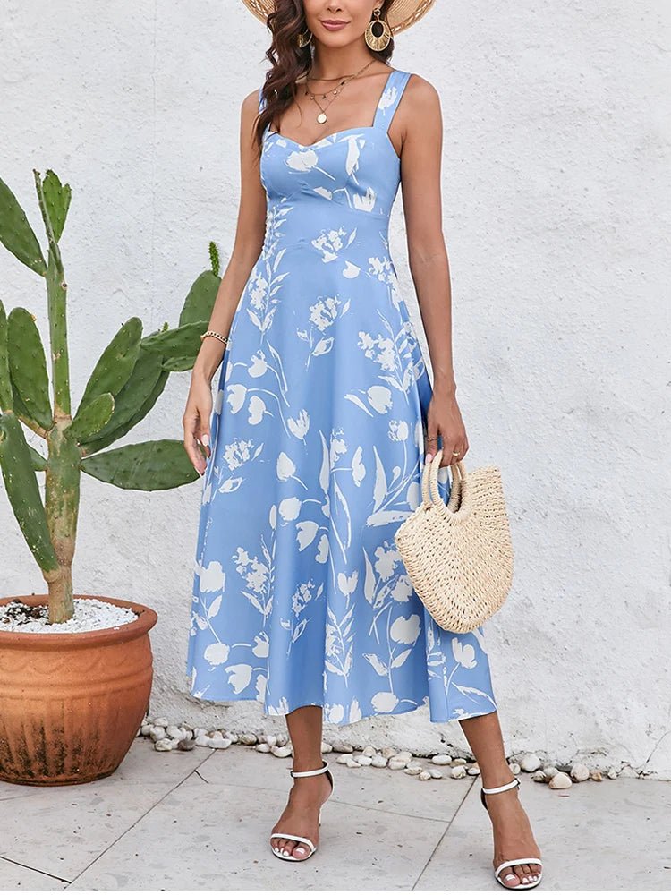 NewAsia Women's Print Sleeveless V - neck Midi Dress Backless Double Layer Summer Casual Holiday Party Long Dresses Blue - PratSN