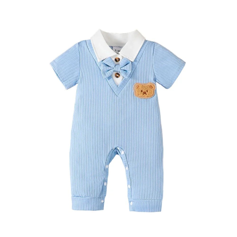 Newborn Baby Boy Romper Short Sleeved with Bear Pattern Summer Daily Wear Clothing Gentleman Jumpsuit for Toddlers 1 - 18Months - PratSN